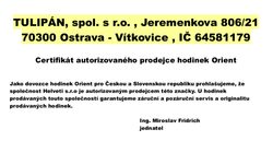 Certifikát Orient prodejce hodinek Helveti s.r.o.