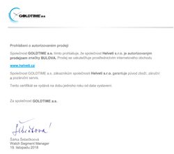 Certifikát Bulova prodejce hodinek Helveti s.r.o.