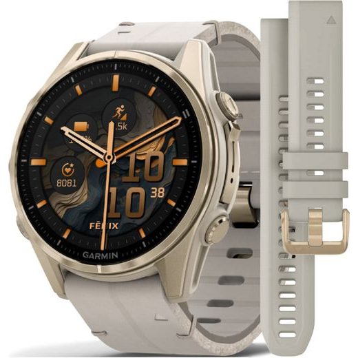 GARMIN FENIX® 8 – 43 MM, AMOLED SAPPHIRE, SOFT GOLD / LIMESTONE WITH LEATHER STRAP 010-02903-40 - FENIX 8 43MM - BRANDS