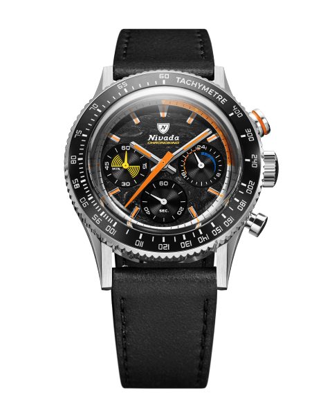 Levně Nivada Grenchen Chronoking Mecaquartz Racing Carbon - Inter. Bezel - Black Leather