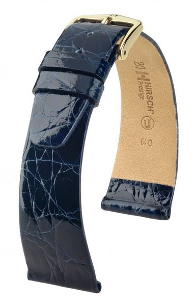 Řemínek Hirsch Prestige Crocodile - modrý - 17 mm - L – Standardní délka (doporučujeme) - 14 mm - Zlatá