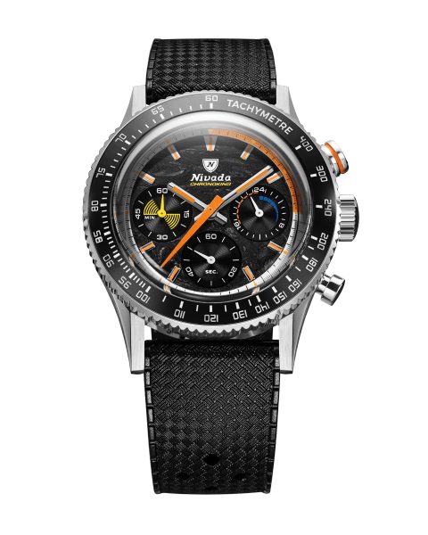 Levně Nivada Grenchen Chronoking Mecaquartz Racing Carbon - Inter. Bezel - Black Rubber Tropic