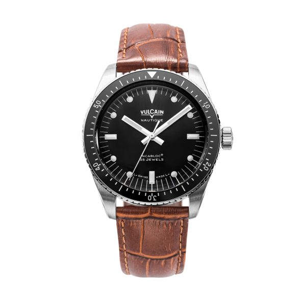Levně Vulcain Skindiver Nautique Black with White Lum - Brown Alligator