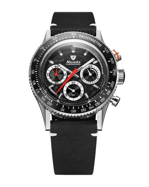 Levně Nivada Grenchen Chronoking Mecaquartz Racing Black - Inter. Bezel - Black Leather White Stitching