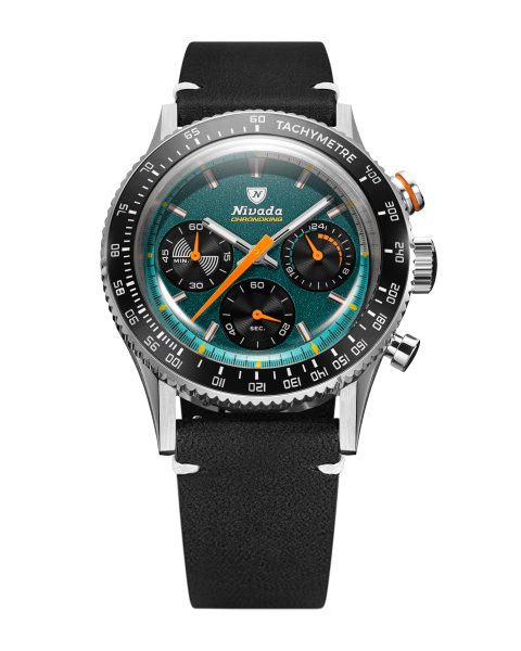 Levně Nivada Grenchen Chronoking Mecaquartz Racing Green - Inter. Bezel - Black Leather White Stitching