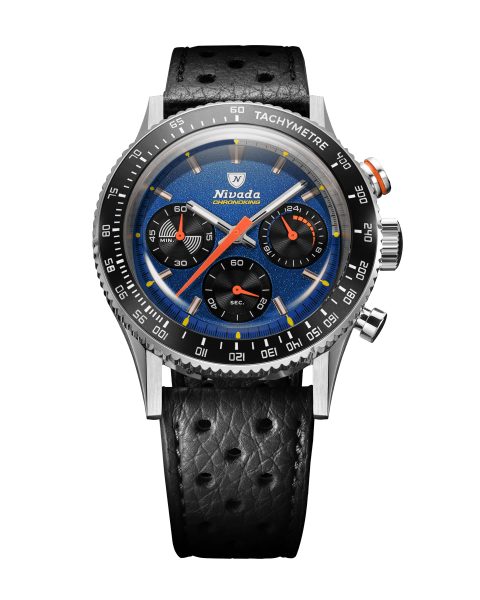 Levně Nivada Grenchen Chronoking Mecaquartz Racing Blue - Inter. Bezel - Black Racing Strap