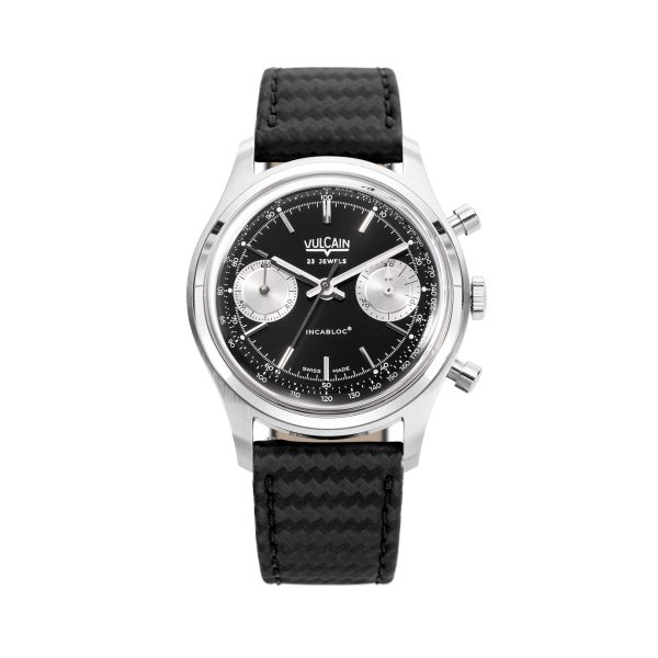 Vulcain Chronograph 70\'s - Black / Silver - Black Carbon Leather Strap