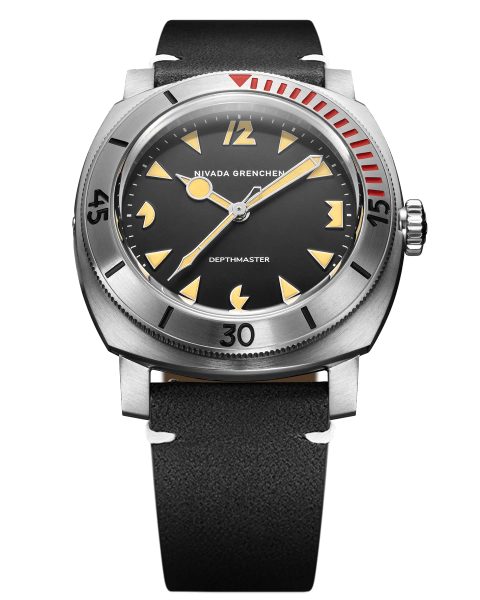 Levně Nivada Grenchen Depthmaster Pacman 42mm - Black Leather White Stitching