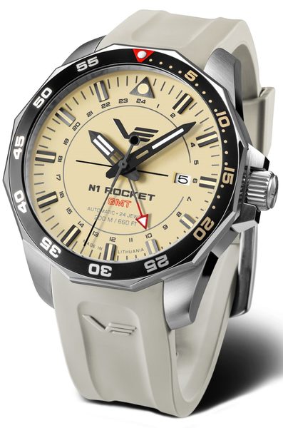 Levně Vostok Europe N-1 Rocket Automatic GMT NH34-225A713S - Pískový-khaki silikonový řemínek + 5 let záruka, pojištění a dárek ZDARMA