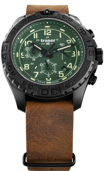 Levně Traser P96 Outdoor Pioneer Evolution Chrono Green kůže + 5 let záruka, pojištění a dárek ZDARMA