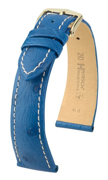 Řemínek Hirsch Massai Ostrich - královská modrá, bílé prošití - 22 mm - L – Standardní délka (doporučujeme) - 18 mm - Zlatá