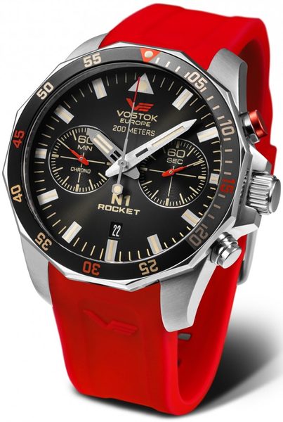 Vostok Europe N-1 Rocket Chrono Line 6S21-225A618S - Červený silikonový řemínek + 5 let záruka, pojištění a dárek ZDARMA