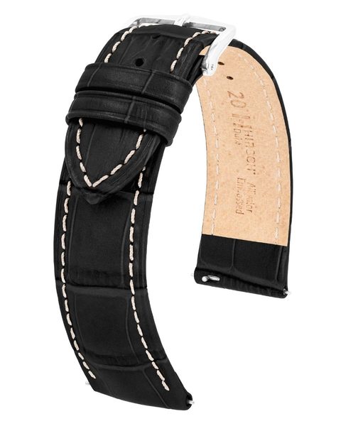 Řemínek Hirsch Duke - černý, bílé prošití - 14 mm - M – Střední délka - 12 mm - Stříbrná