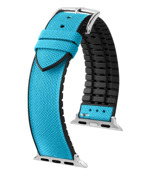 Řemínek Hirsch Arne pro Apple Watch - tyrkysový - 20 mm - L – Standardní délka (doporučujeme) - 18 mm - Stříbrná
