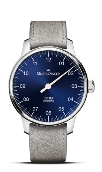 MeisterSinger N°03 38mm BM9908 - Šedý semišový řemínek + 5 let záruka, pojištění a dárek ZDARMA