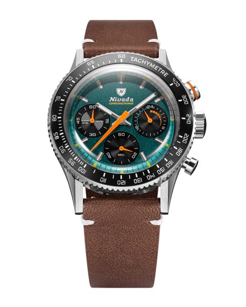 Levně Nivada Grenchen Chronoking Mecaquartz Racing Green - Inter. Bezel - Brown Leather White Stitching