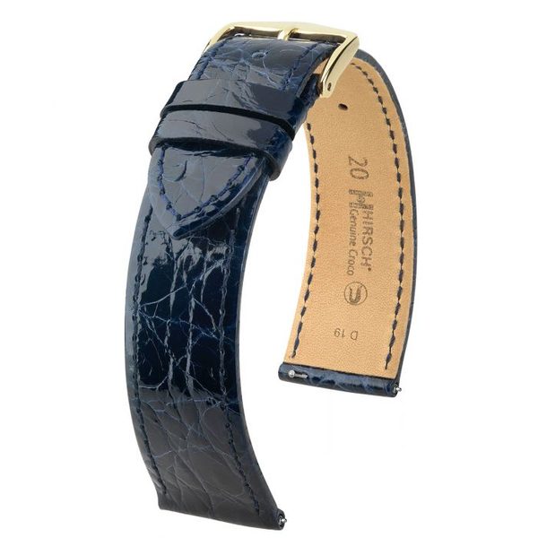 Řemínek Hirsch Genuine Croco - tmavě modrý, lesk - 19 mm - L – Standardní délka (doporučujeme) - 16 mm - Zlatá