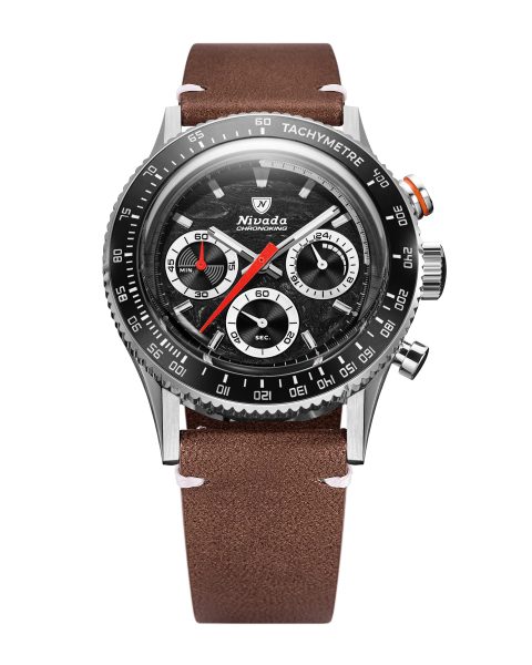 Levně Nivada Grenchen Chronoking Mecaquartz Racing Black - Inter. Bezel - Brown Leather White Stitching