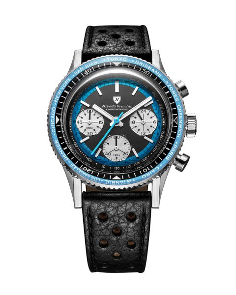 Nivada Grenchen Chronoking Racing Blue - Inter. Bezel - Black Racing Strap