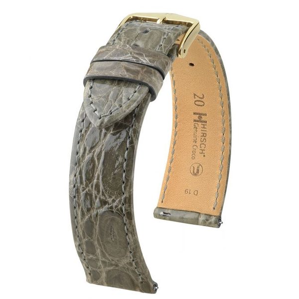 Řemínek Hirsch Genuine Croco - šedý, lesk - 22 mm - L – Standardní délka (doporučujeme) - 20 mm - Zlatá