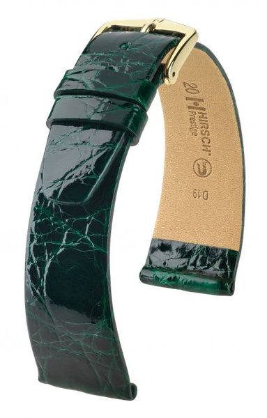 Řemínek Hirsch Prestige Crocodile - tmavě zelený - 17 mm - L – Standardní délka (doporučujeme) - 14 mm - Zlatá