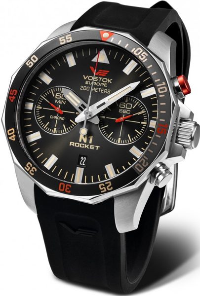 Vostok Europe N-1 Rocket Chrono Line 6S21-225A618S - Černý silikonový řemínek + 5 let záruka, pojištění a dárek ZDARMA