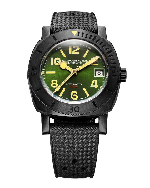 Levně Nivada Grenchen Depthmaster Numerals - Black and Green - Tropic Rubber