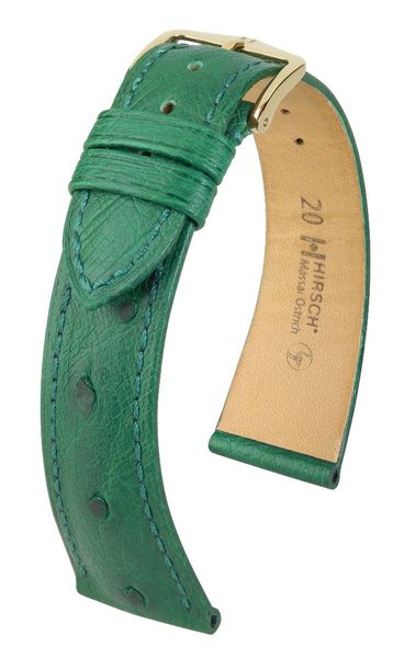 Řemínek Hirsch Massai Ostrich - zelený - 18 mm - L – Standardní délka (doporučujeme) - 16 mm - Zlatá