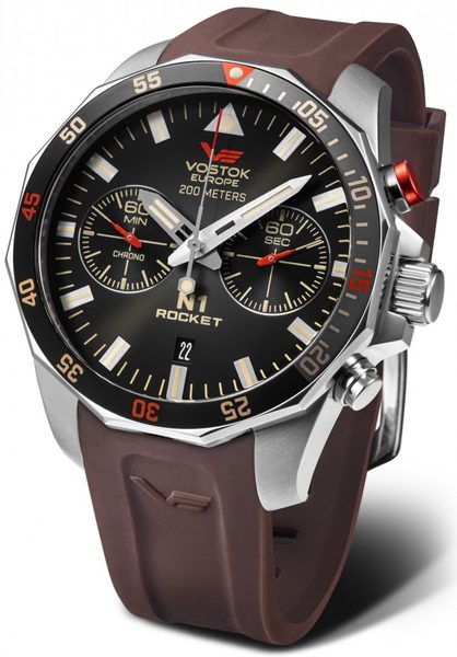 Vostok Europe N-1 Rocket Chrono Line 6S21-225A618S - Hnědý silikonový řemínek + 5 let záruka, pojištění a dárek ZDARMA