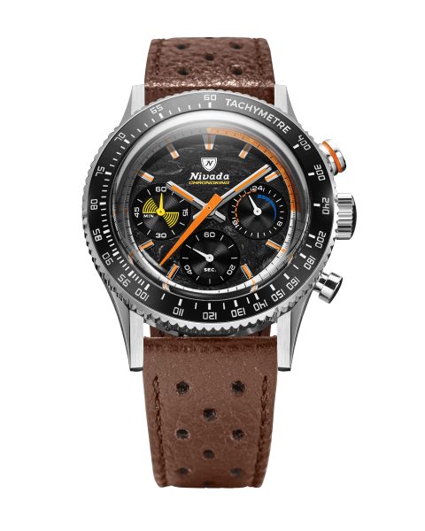Levně Nivada Grenchen Chronoking Mecaquartz Racing Carbon - Inter. Bezel - Brown Racing Strap