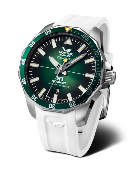 Vostok Europe N-1 Rocket Automatic Line NH35-225A710S - Bílý silikonový řemínek + 5 let záruka, pojištění a dárek ZDARMA