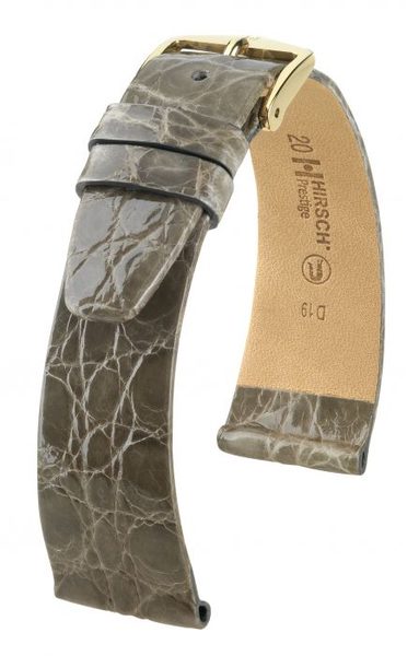 Řemínek Hirsch Prestige Crocodile - šedý - 20 mm - L – Standardní délka (doporučujeme) - 16 mm - Zlatá