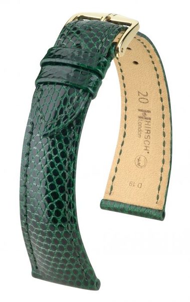 Řemínek Hirsch London Lizard - zelený, lesk - 22 mm - L – Standardní délka (doporučujeme) - 18 mm - Zlatá