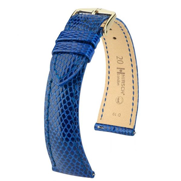 Řemínek Hirsch London Lizard - královská modrá, lesk - 16 mm - M – Střední délka - 14 mm - Zlatá