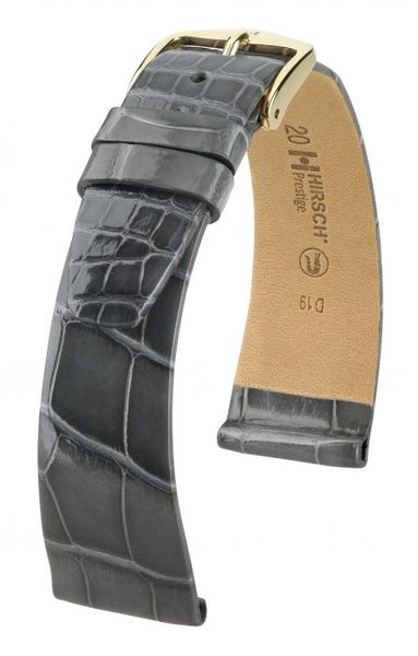 Řemínek Hirsch Prestige 1 alligator - šedý, lesk - L - řemínek 19 mm (spona 14 mm)