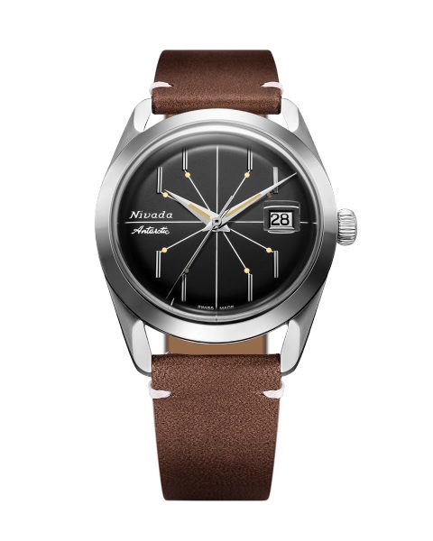Levně Nivada Grenchen Antarctic Spider Black 38 mm - Brown Leather White Stitching