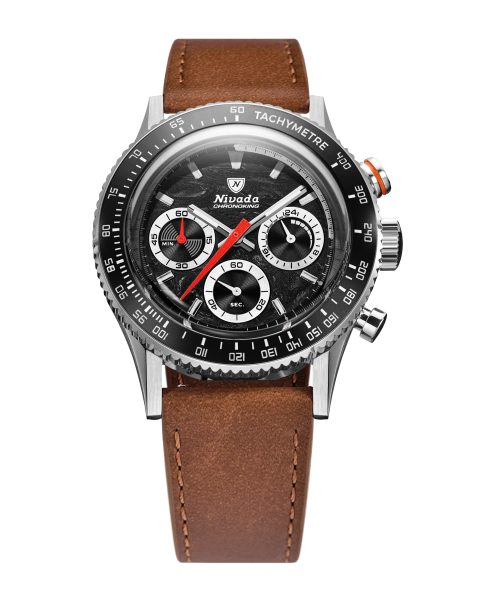 Levně Nivada Grenchen Chronoking Mecaquartz Racing Black - Inter. Bezel - Brown Leather