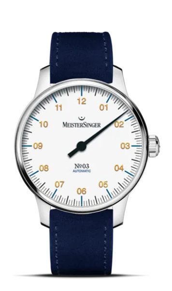 Levně MeisterSinger N°03 38mm BM9901G - Modrý semišový řemínek + 5 let záruka, pojištění a dárek ZDARMA