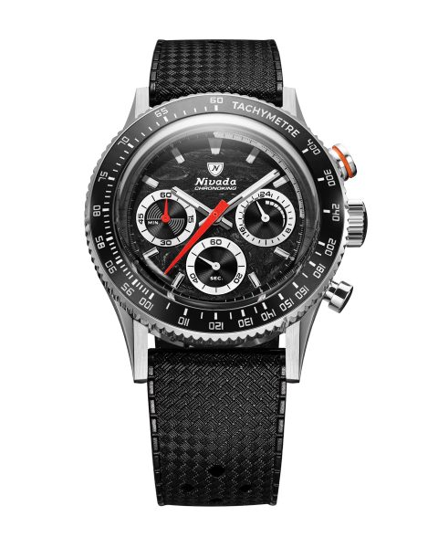 Levně Nivada Grenchen Chronoking Mecaquartz Racing Black - Inter. Bezel - Black Rubber Tropic
