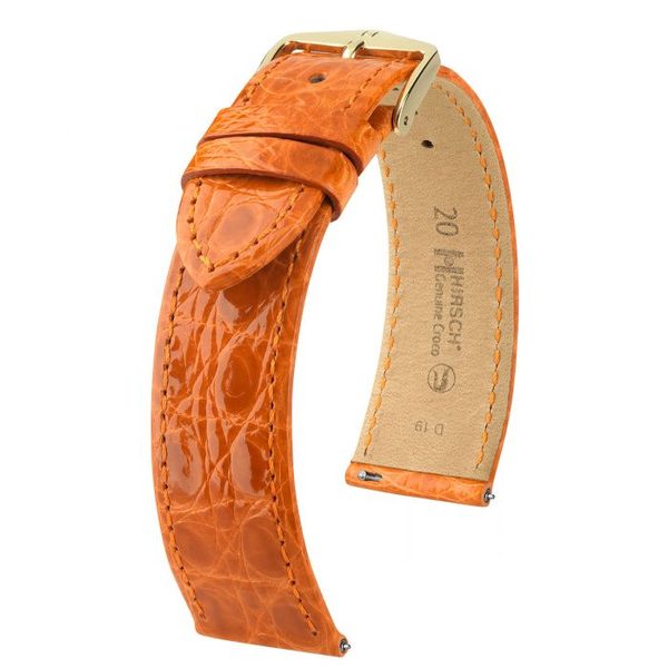 Řemínek Hirsch Genuine Croco - oranžový, lesk - 16 mm - M – Střední délka - 14 mm - Zlatá