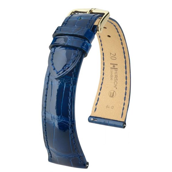 Řemínek Hirsch London Alligator - modrý, lesk - 17 mm - M – Střední délka - 14 mm - Zlatá