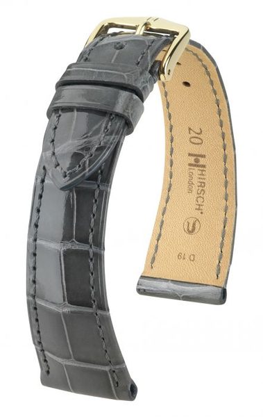 Řemínek Hirsch London Alligator - šedý, lesk - 19 mm - L – Standardní délka (doporučujeme) - 16 mm - Zlatá