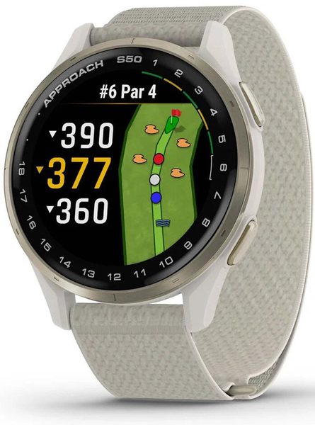 Levně Garmin Approach® S50 Cream Gold, nylonový řemínek Ivory ComfortFit 010-03010-01