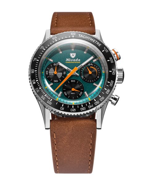 Levně Nivada Grenchen Chronoking Mecaquartz Racing Green - Inter. Bezel - Brown Leather