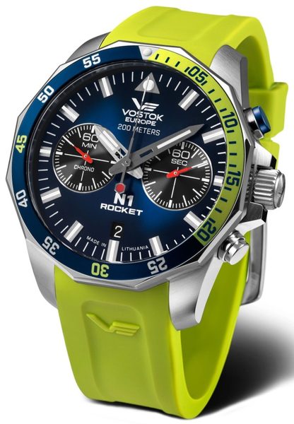 Levně Vostok Europe N-1 Rocket Chrono Line 6S21-225A708S - Zelený/Lime silikonový řemínek + 5 let záruka, pojištění a dárek ZDARMA