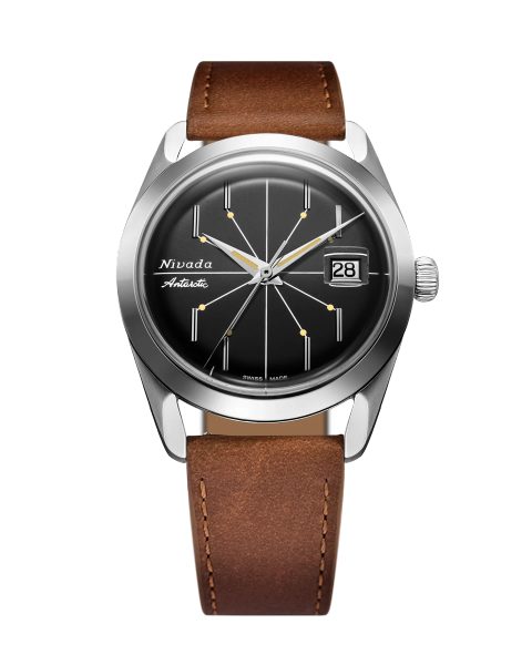 Levně Nivada Grenchen Antarctic Spider Black 38 mm - Brown leather