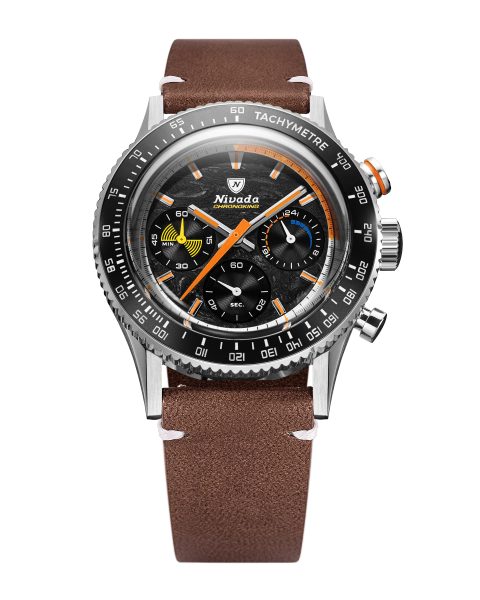 Levně Nivada Grenchen Chronoking Mecaquartz Racing Carbon - Inter. Bezel - Brown Leather White Stitching