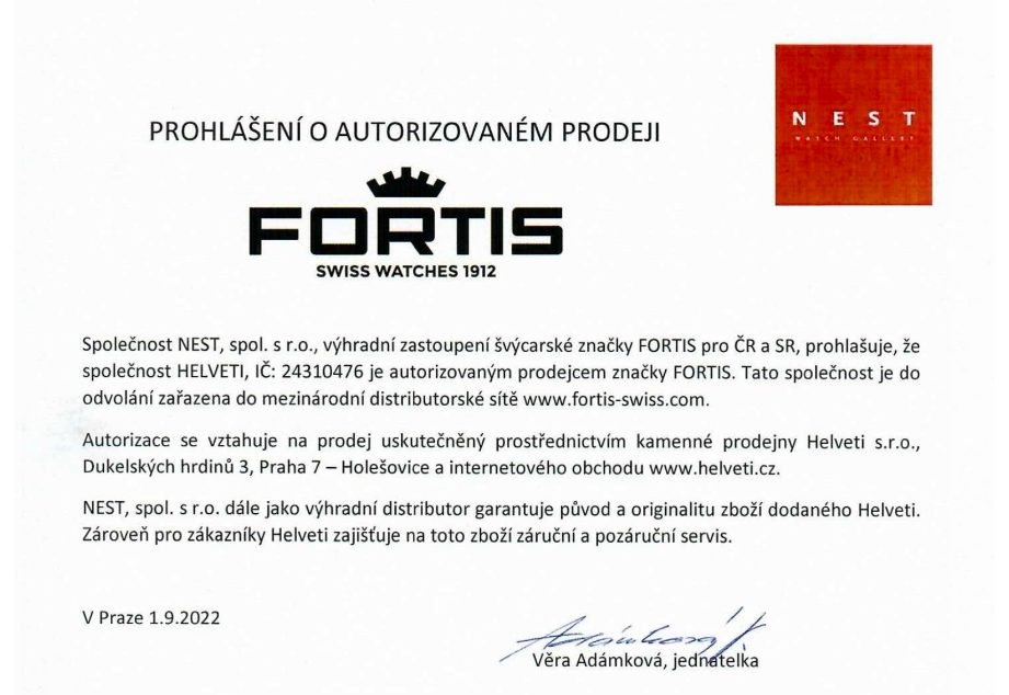 Certifikát Fortis prodejce hodinek Helveti s.r.o.