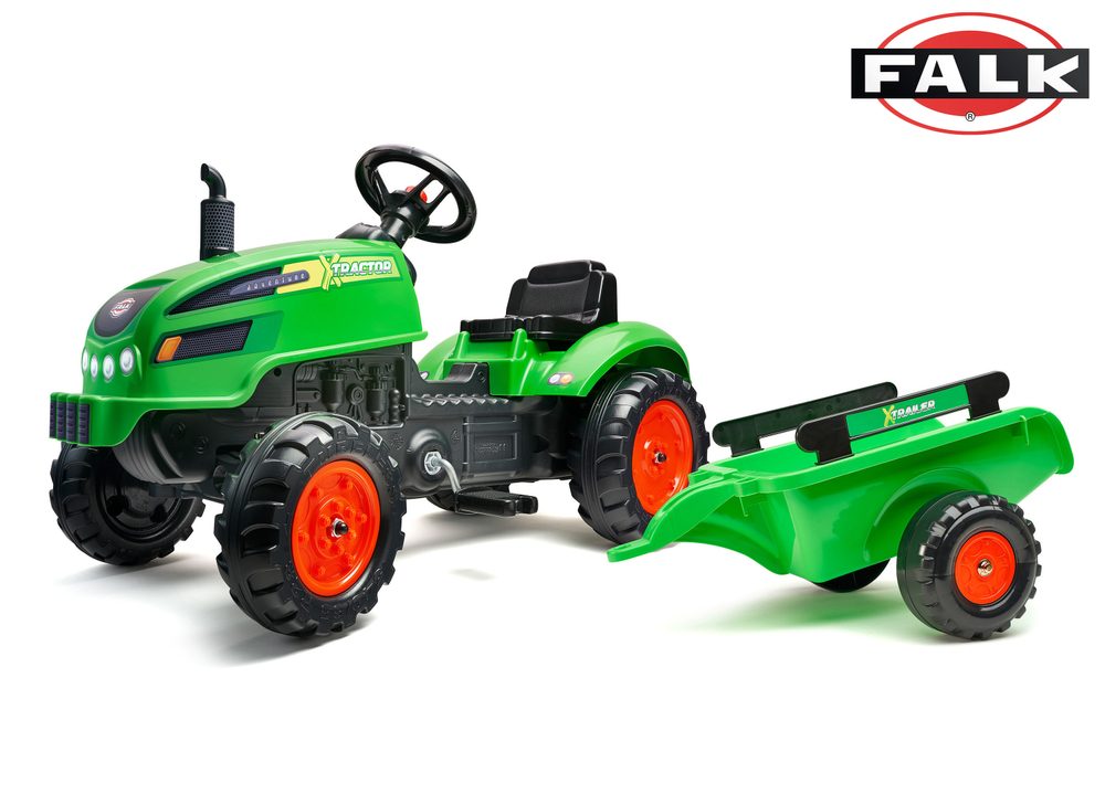 Sétáló traktor vontatóval és nyitható motorháztetővel zöld, Falk, W011256