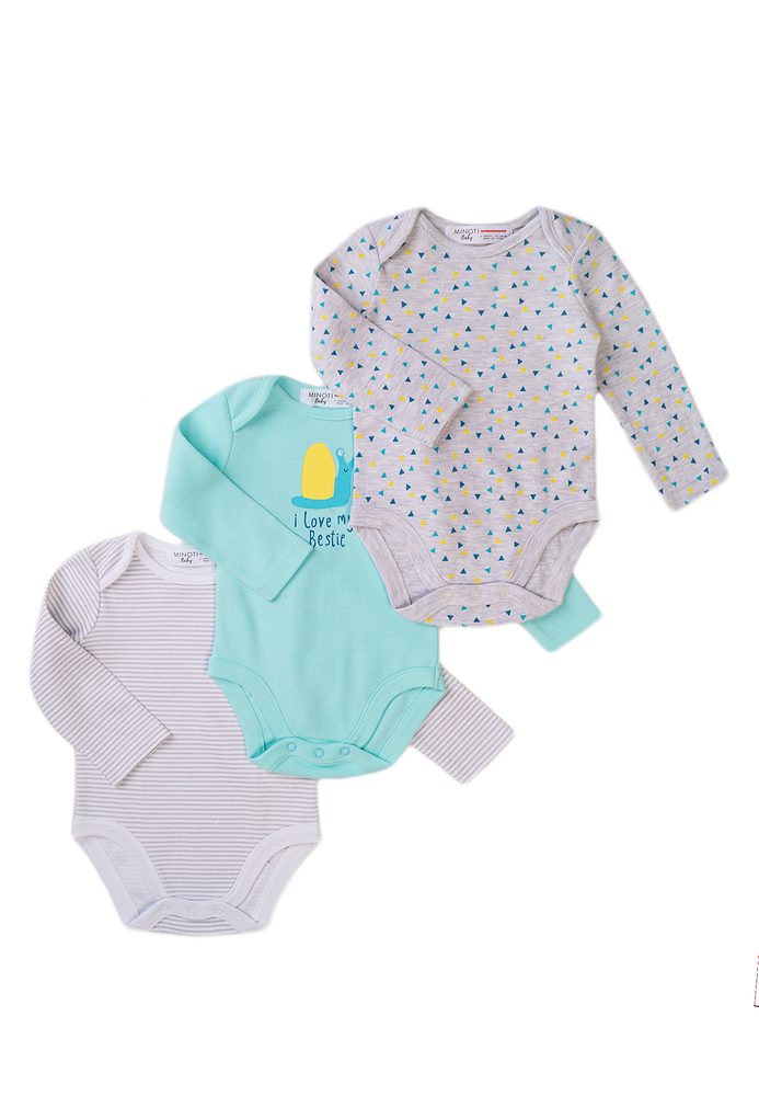 Baba hosszú ujjú body 3csomag, Minoti, Snail 8, kék - 56/62 | 0-3m